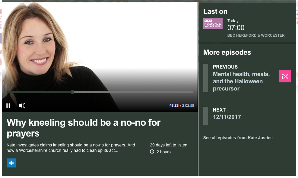 Screenshot of a BBC News video: a presenter discusses 'Why kneeling should be a no-no for prayers'.