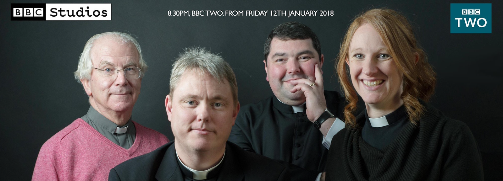 Promotional banner for BBC Two's 'A Vicar's Life', showing four clergy, airing 8pm Friday 12th January 2018.