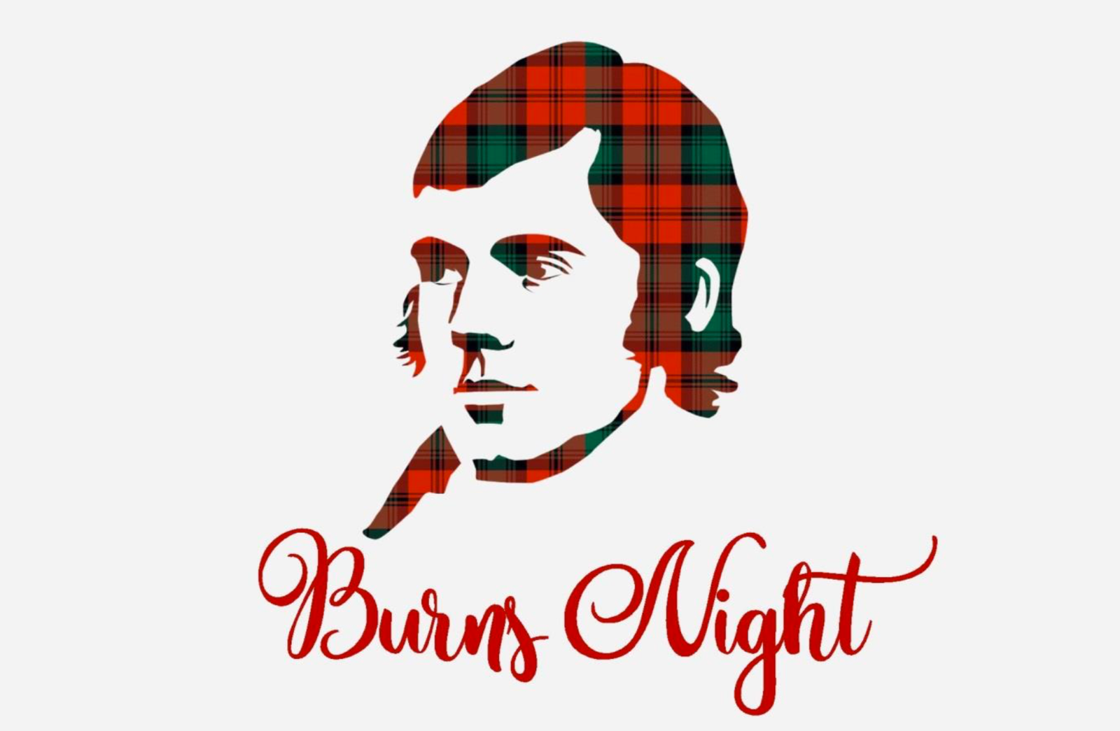 Burns Night graphic: an illustrated portrait of Robert Burns in a red tartan cap, with 'Burns Night' written in red script.