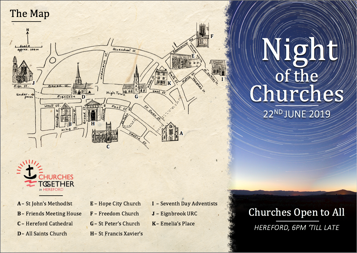 Night of the Churches flyer (front): map of Hereford city churches, 22nd June 2019, 6pm till late, churches open to all.