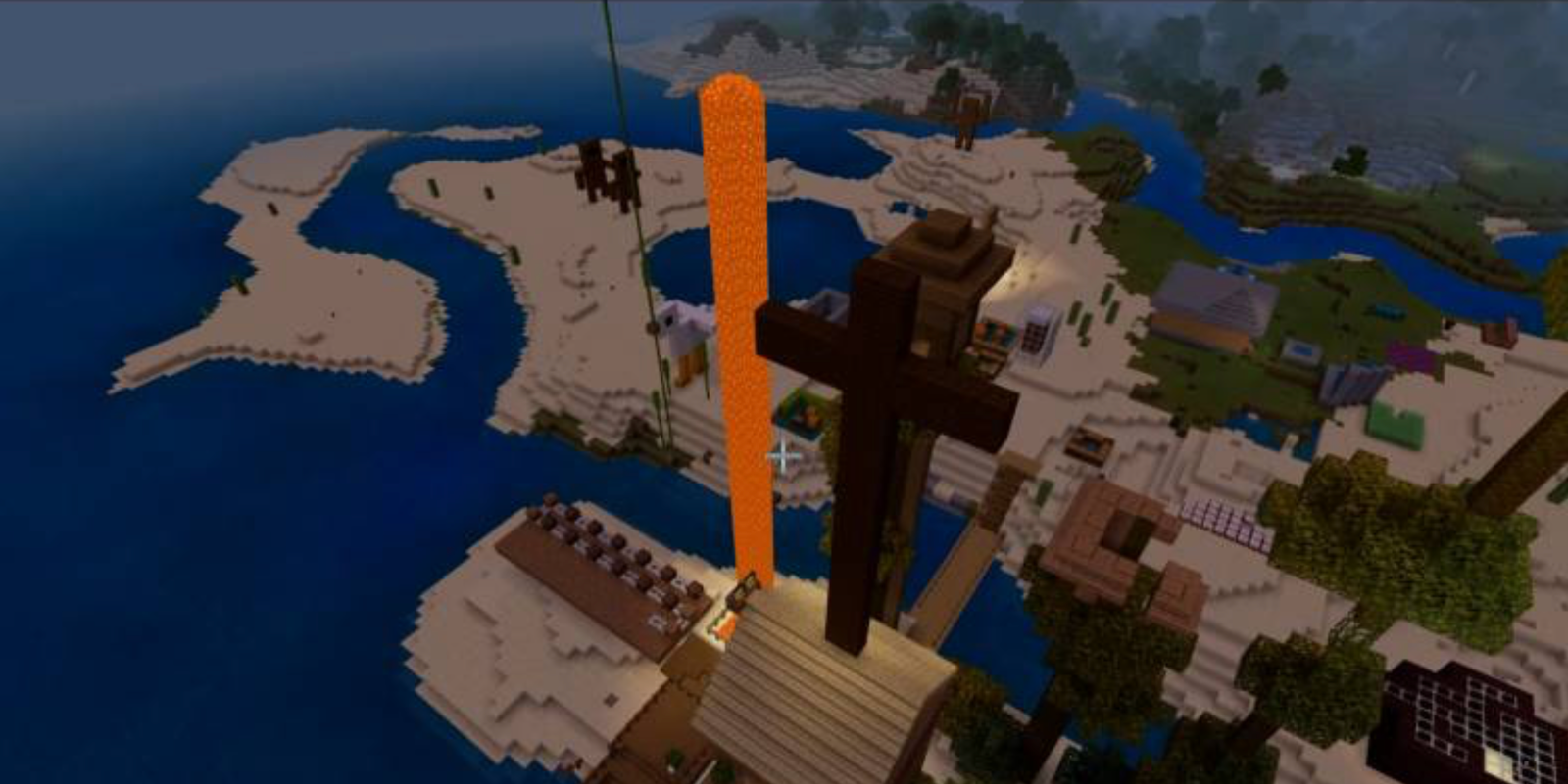 Screenshot of a Minecraft build showing a wooden cross structure overlooking a blocky village landscape.