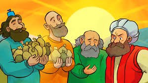 Four men with bags of coins, discussing talents for Zoom Church.