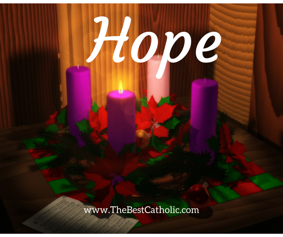 Advent 'Hope' graphic: lit purple and pink candles set in a poinsettia wreath, from www.TheBestCatholic.com.