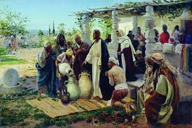 Jesus performs the miracle of turning water into wine at a wedding feast.