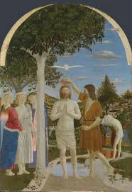 The Baptism of Christ: John baptizes Jesus in the Jordan River, with onlookers and a dove.