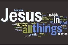 Word cloud with "Jesus in all things" as central text, including "heaven," "God," "church," "created.