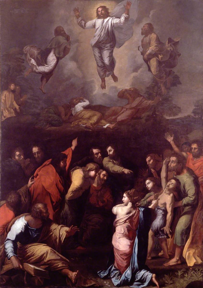 A classical painting of the Transfiguration of Christ, with Jesus rising in light between Moses and Elijah above the apostles.
