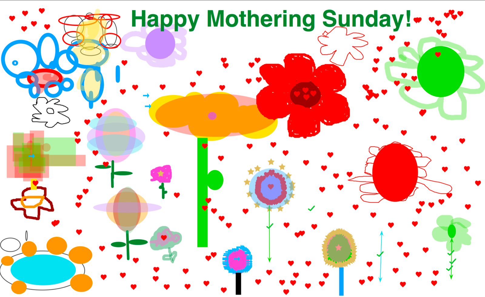 A colourful children's-style graphic reading 'Happy Mothering Sunday!' decorated with flowers and hearts.