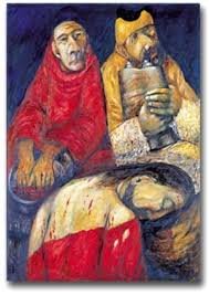 Third Station of the Cross: Jesus falls the first time, painted figures in red and yellow