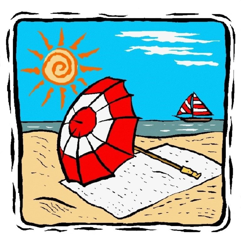 Clip art of a beach scene with a red and white striped umbrella, a towel, and a sailing boat.