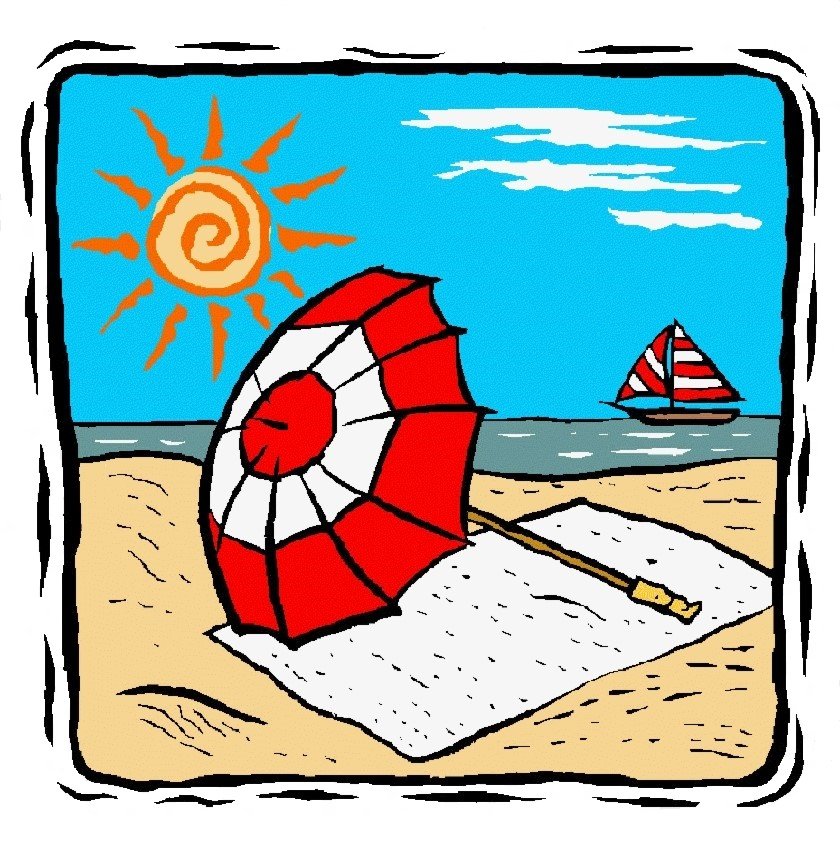 Clip art of a beach scene with a red and white striped umbrella, a towel, and a sailing boat.