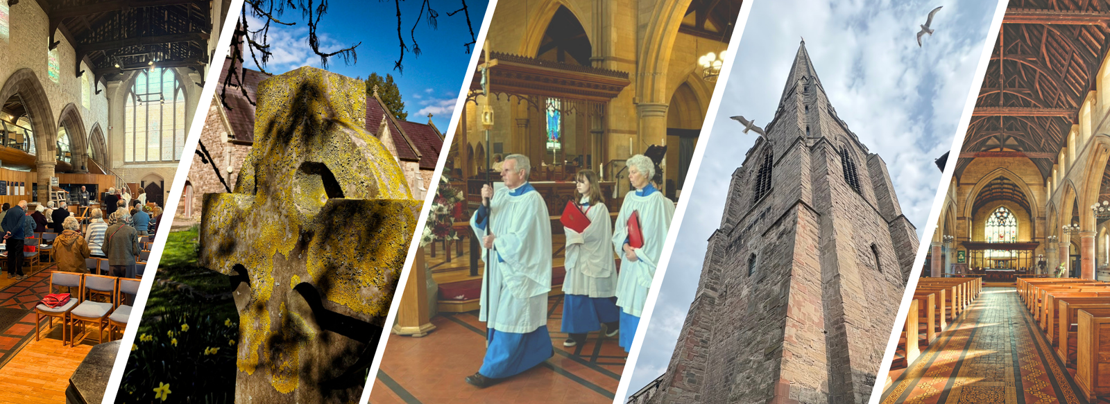 Collage of church interiors and exteriors, including a stone cross and a bell tower.