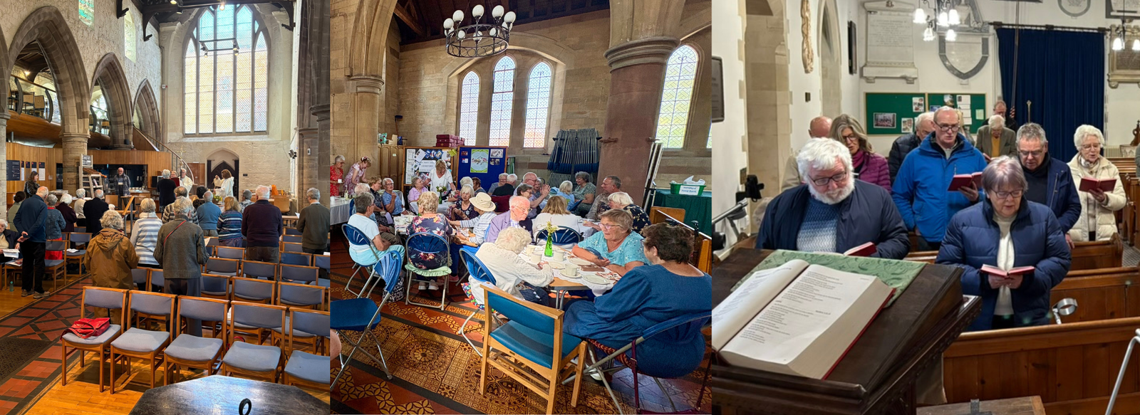Congregation gathers for worship in a historic church, reading from hymnals.
