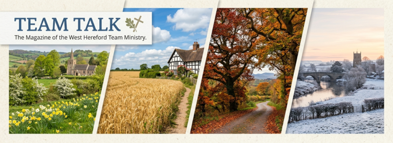 Team Talk magazine cover with pastoral scenes: church, wheat field, autumn trees, snowy village