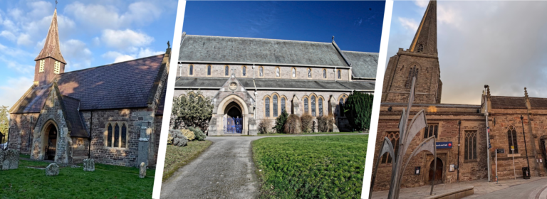 Three church exteriors: a stone church with a spire, a large gothic church, and a brick church.