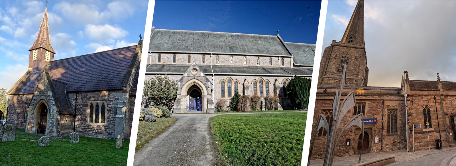 Three church exteriors: a stone church with a spire, a large gothic church, and a brick church.
