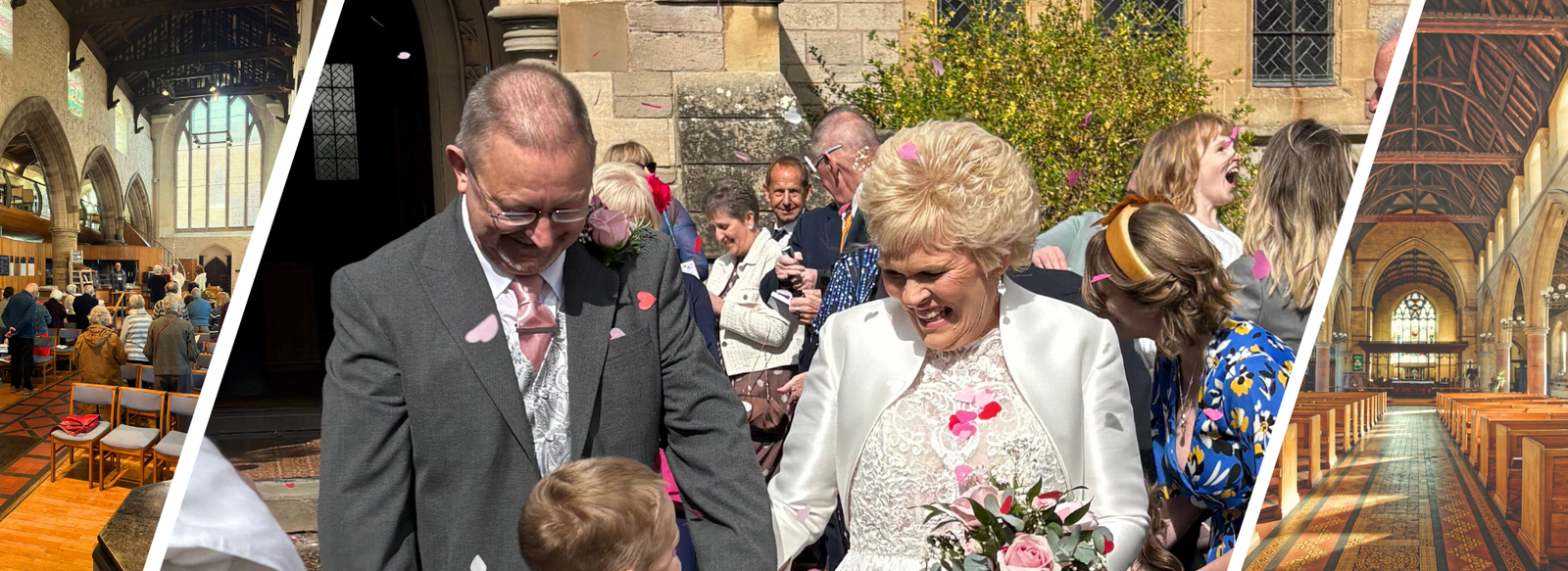 Wedding party and guests celebrate outside a church after a wedding ceremony.