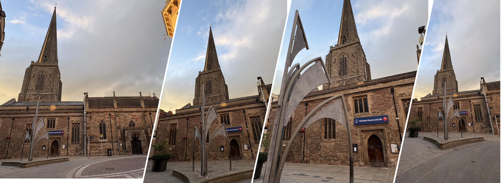 All Saints Church and Cafe entrance with modern sculpture