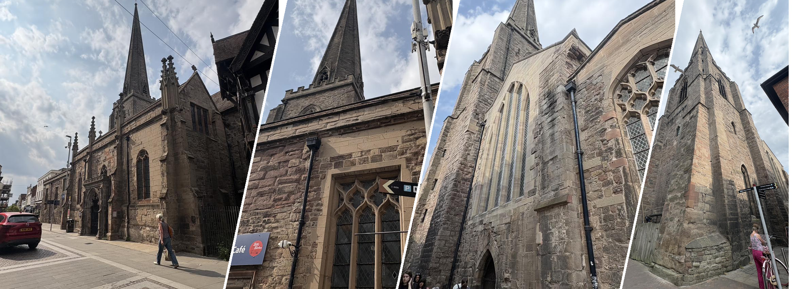 Gothic architecture of a historic church with spires and stone facades.