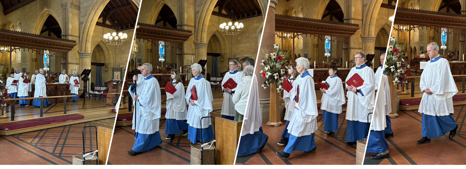 Choir members in blue robes process through a church aisle.