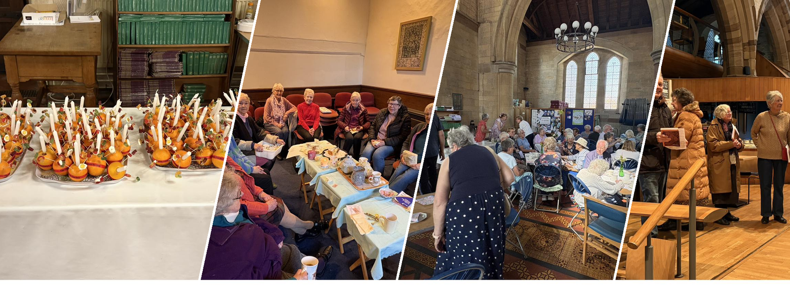 People gathered for tea and cake in a church hall, celebrating a welcome.