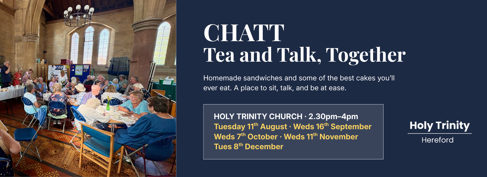 People gathered round tables at Holy Trinity Church for CHATT, Tea and Talk Together. Dates and times below.