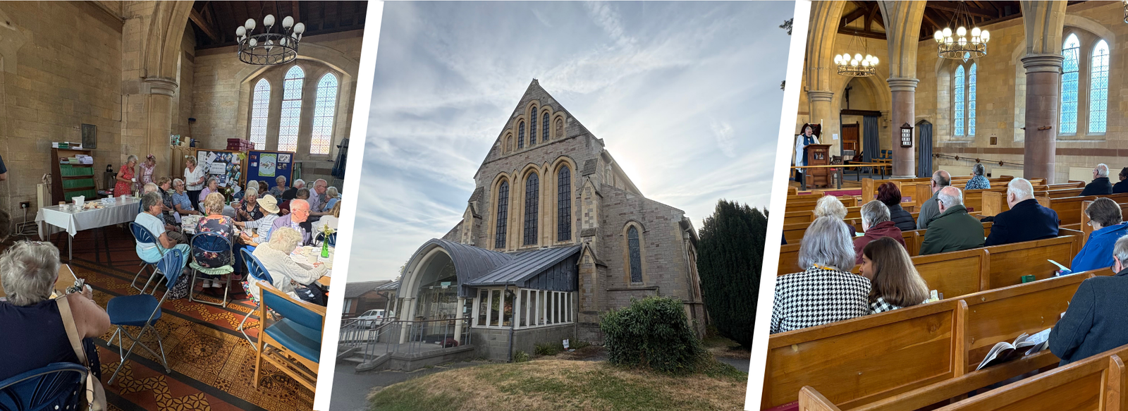 Holy Trinity church interior: coffee morning, exterior, and congregation in pews.