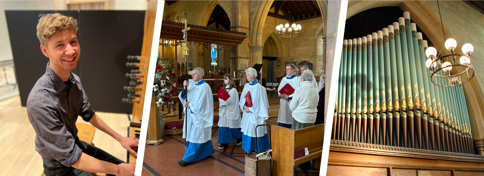 Young organist and choir members at Holy Trinity, August music