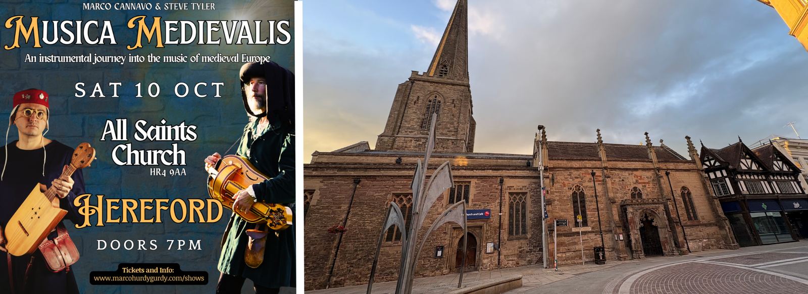 Musica Medievalis poster for All Saints Church, Hereford, Sat 10 Oct. Musicians with instruments.